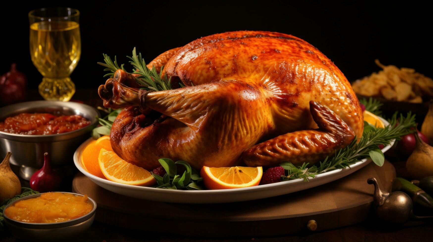 Thanksgiving dinner table with roasted turkey. photo