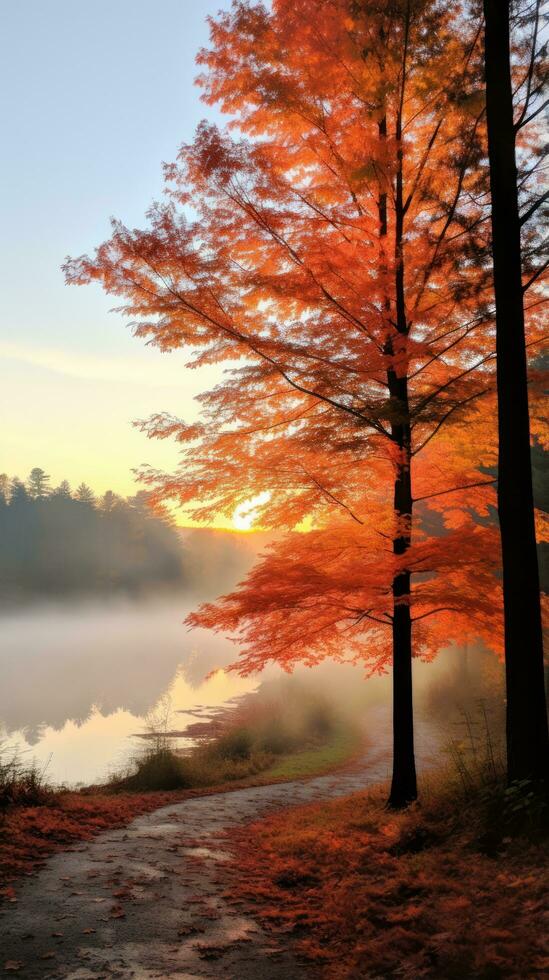 Foggy morning with trees changing colors. photo