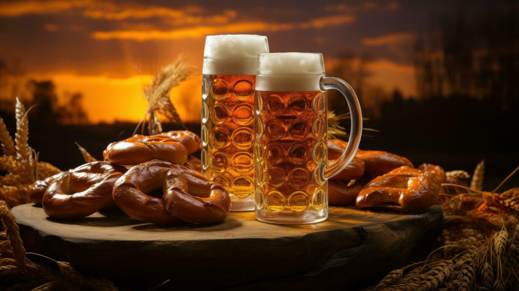 Oktoberfest celebracion con cerveza y pretzels foto