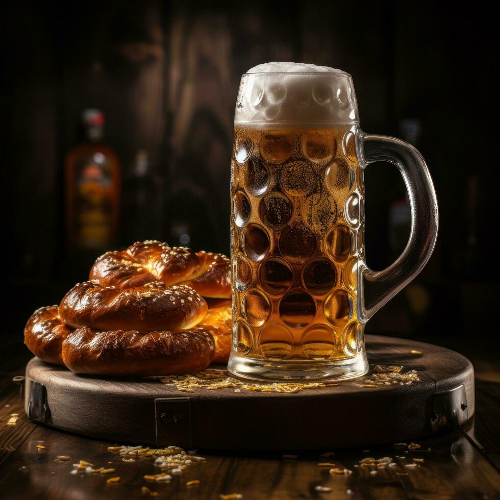 Oktoberfest celebracion con cerveza y pretzels foto