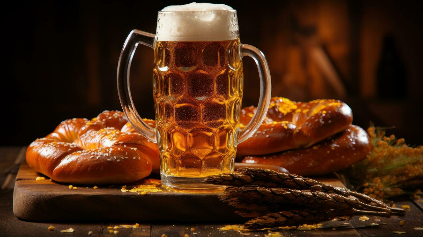 Oktoberfest celebracion con cerveza y pretzels foto