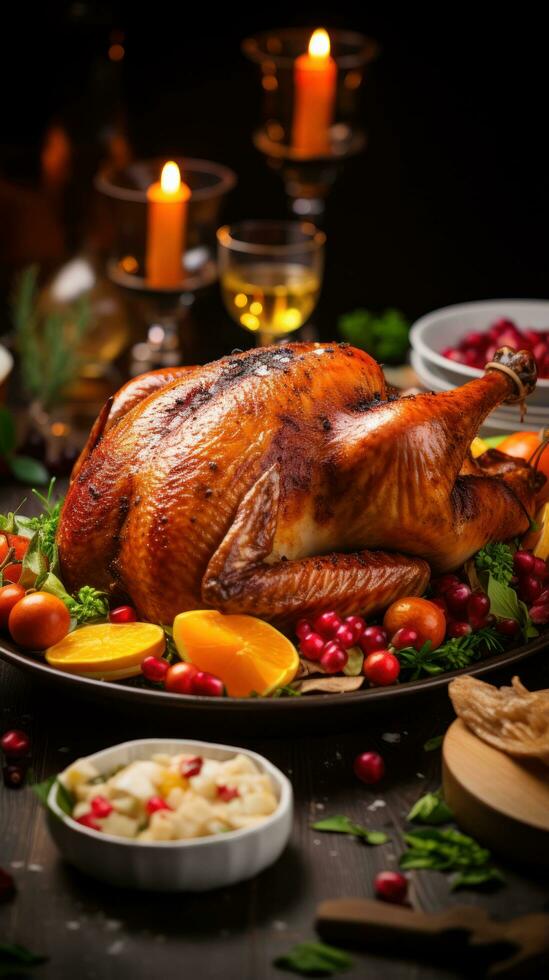 Thanksgiving dinner table with roasted turkey. photo