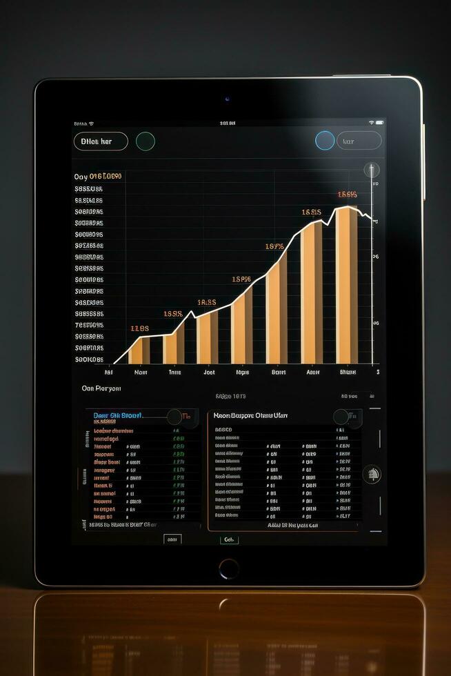 Analytics. Chart with upward arrow on tablet screen photo