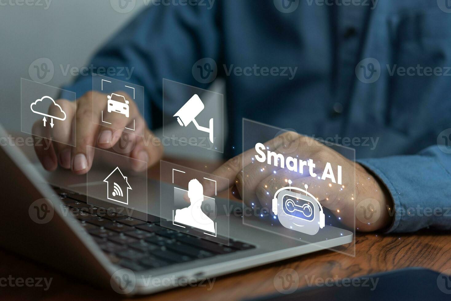 Hand using computer laptop with Artificial Intelligence AI smart maintain security on big data network machine learning and, innovation and futuristic. photo