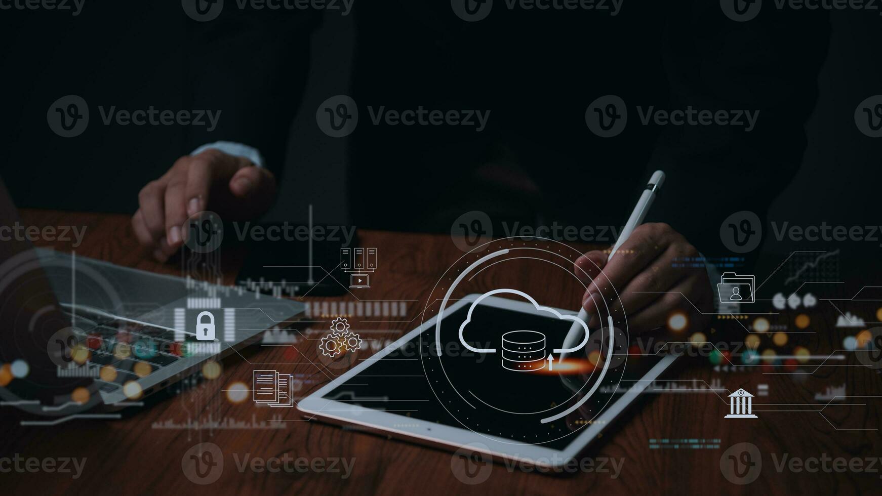 Cyber Security system Protects Data Information Safe Storage Networks. businessman using laptop Internet Secure Data Management privacy. photo