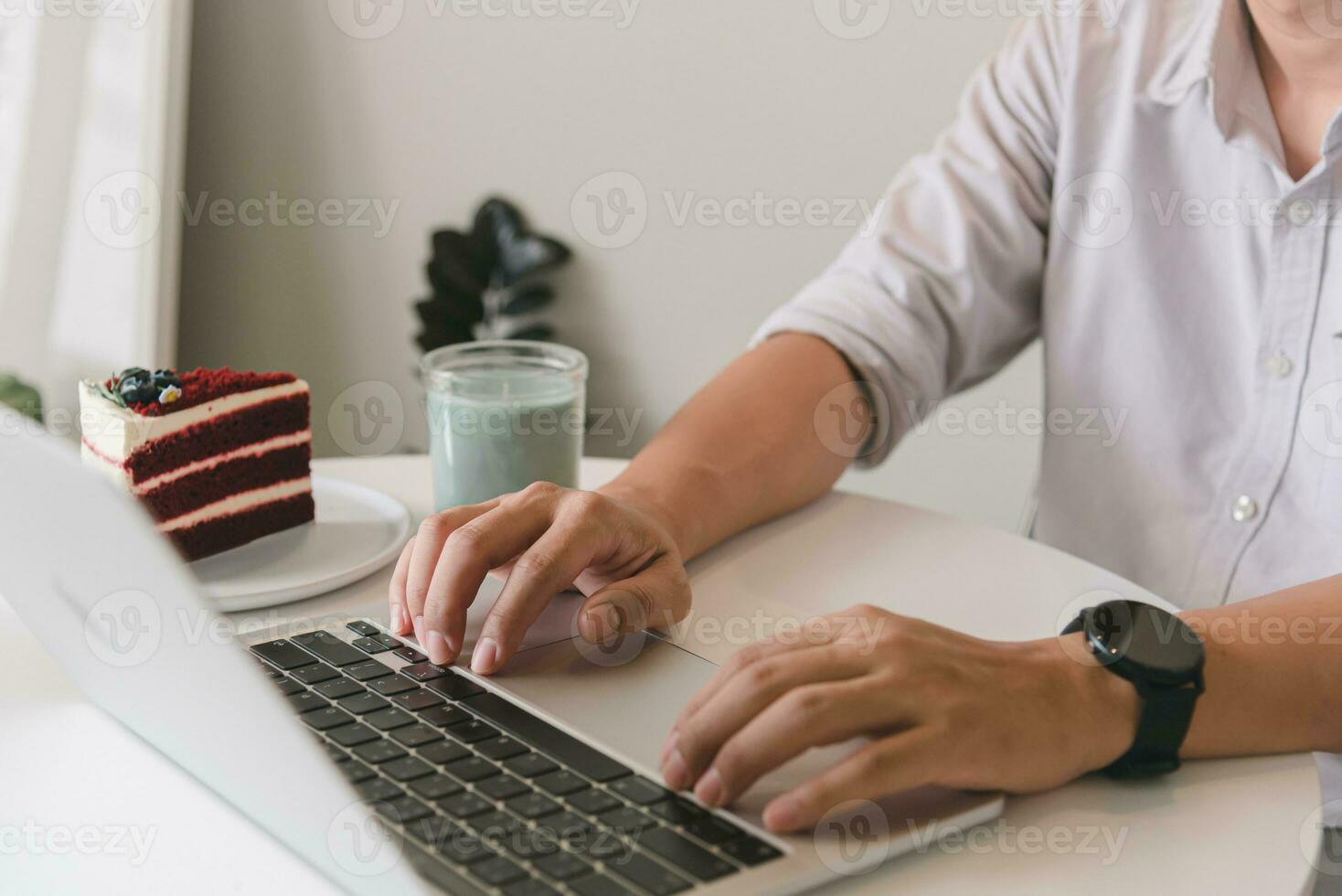 Businessperson using keyboard laptop computer job search, communication social networking, internet online Information, working data marketing concept. photo