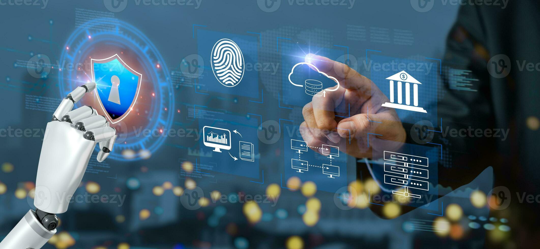 cyber security ai 3D rendering artificial intelligence robot and cyborg development machine learning technology big data network connection Lock icon.Concept of hacking cybersecurity. photo