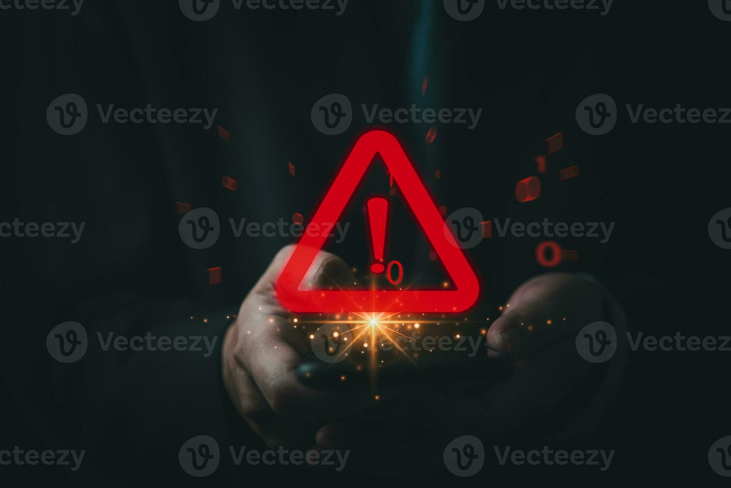 Businessman using mobile phone red triangle warning sign with exclamation point for error notification. Technology access security system, virus and data theft alert. photo