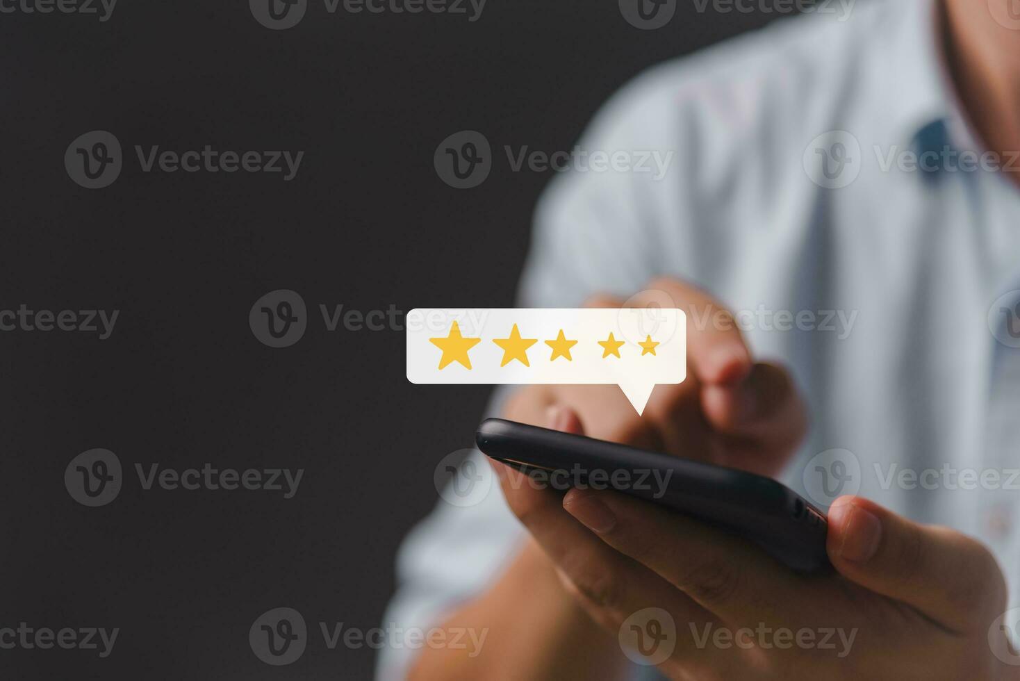 Happy Customers Rating and Review Evaluation Feedback Analysis in Customer Satisfaction Survey Results Five Stars Rating online application. photo