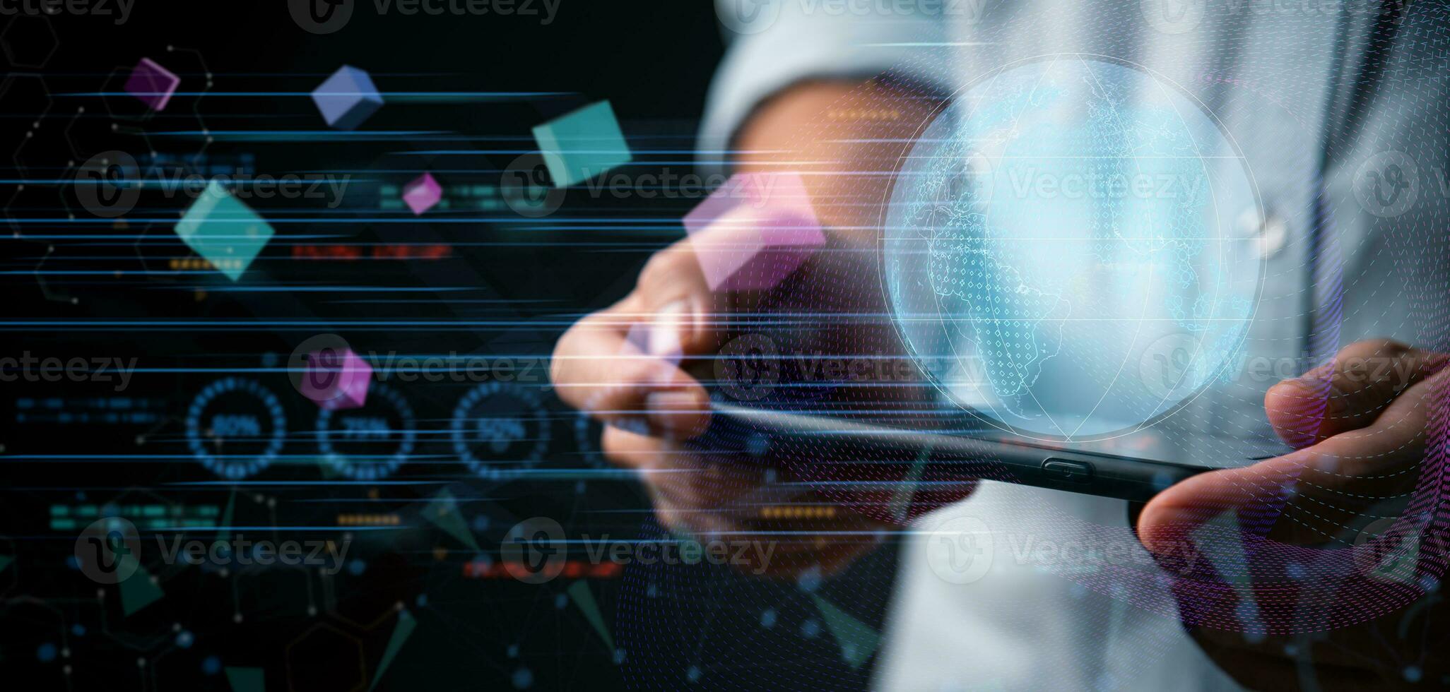 Digital communication internet online and social media virtual screen technology concept WEB 3.0. Business marketing concept and big data photo