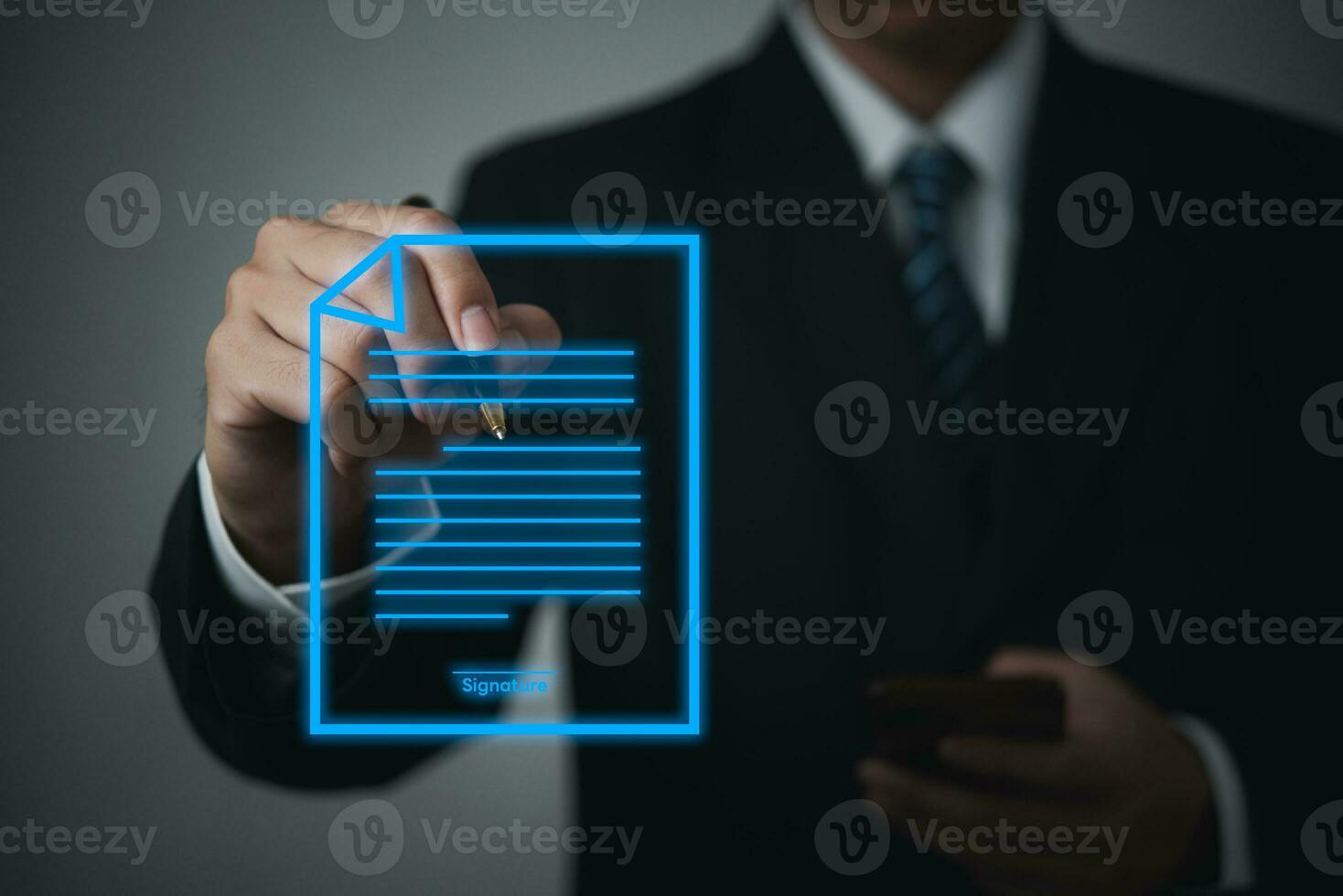 Electronic document signature concept , digital document hologram.Signing a form data management smart contract. photo
