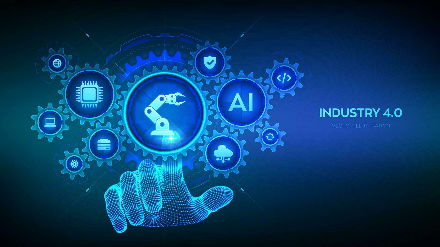 Smart Industry 4.0 concept. Factory automation. Autonomous industrial technology. Industrial revolutions steps. Wireframe hand touching digital interface with connected gears cogs and icons. Vector. vector