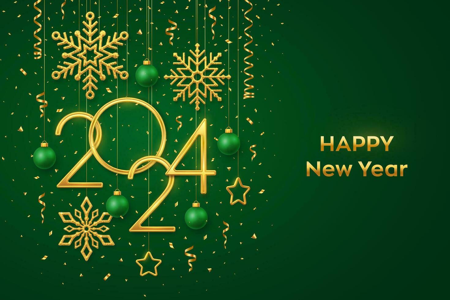 Happy New 2024 Year. Hanging Golden metallic numbers 2024 with shining snowflakes, 3D metallic stars, balls and confetti on green background. New Year greeting card or banner template. Vector. vector