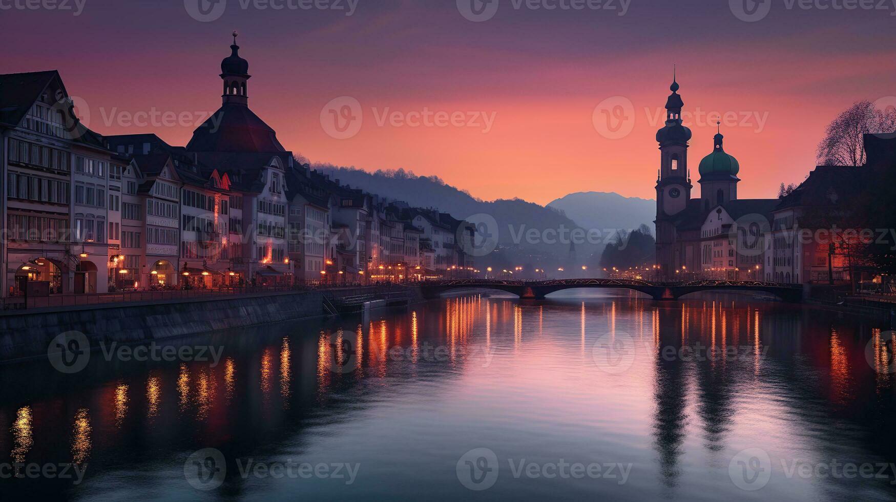 escénico noche panorama ver de el antiguo ciudad, dramático escena con río y jesuita iglesia. maravilloso vívido paisaje urbano durante atardecer, generativo ai foto