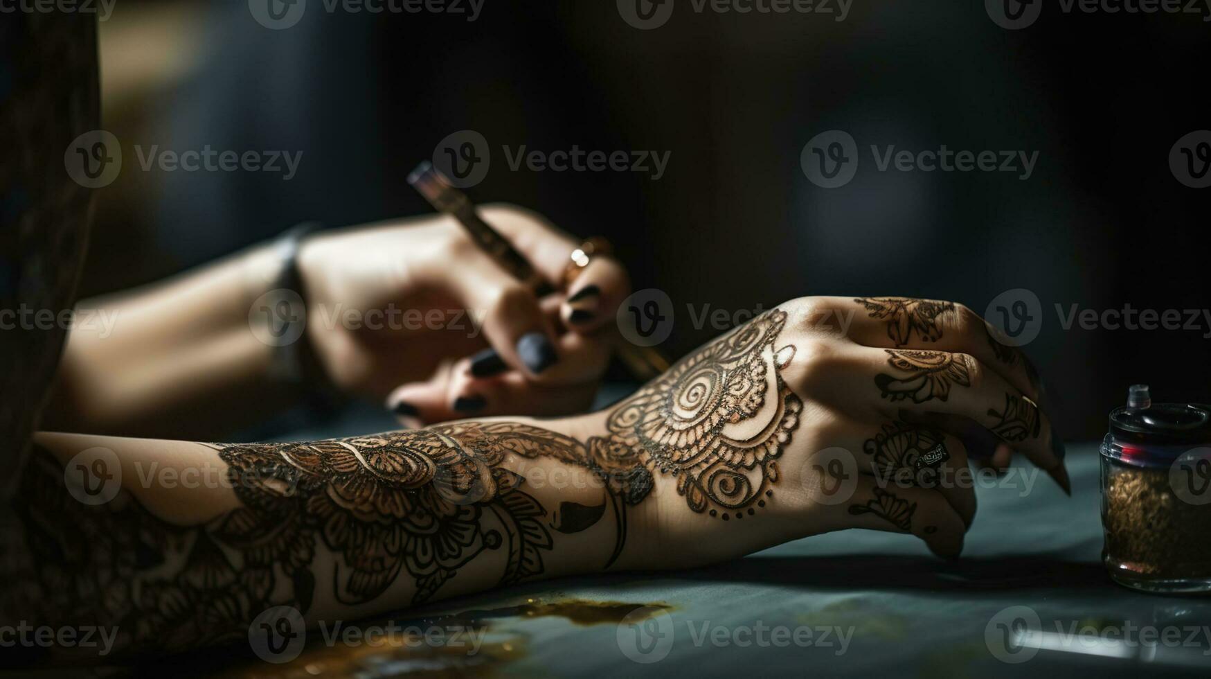 Mehndi master drawing henna tattoo on female hand in salon, generative ai photo