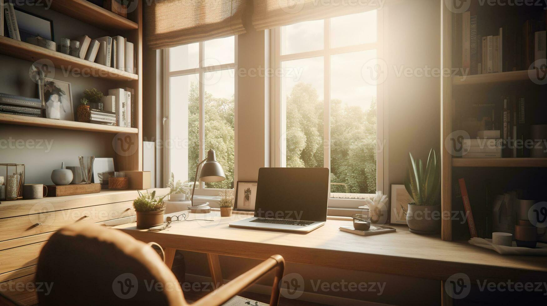 Interior of a modern home office next to a big window. Light wood desk with organized set up of books, office supplies and computer with some room decor around it, generative ai photo