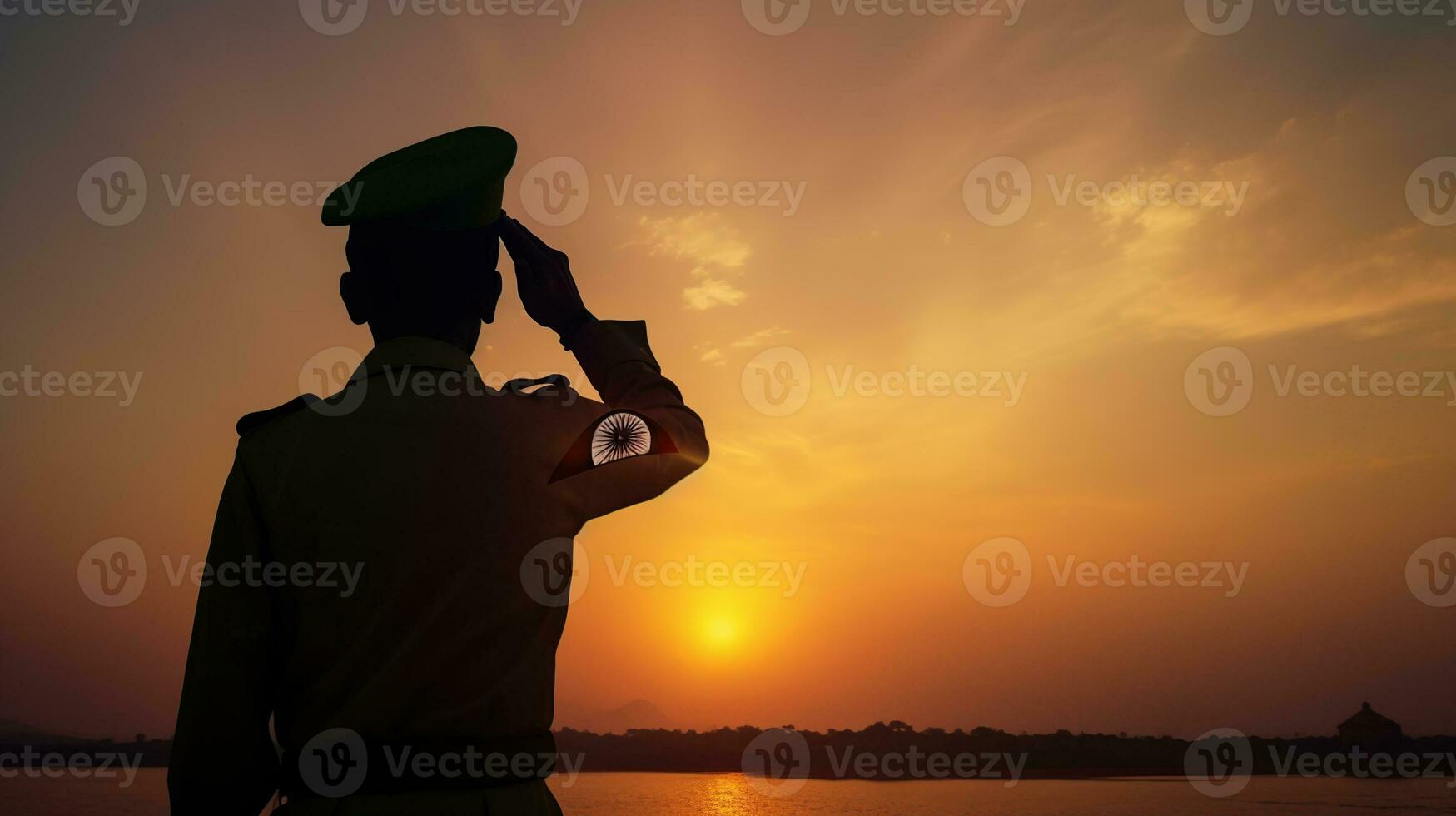 Silhouette of soldier saluting on a background of sunset or the sunrise. Greeting card for Independence day, Republic Day. India celebration, generative ai photo