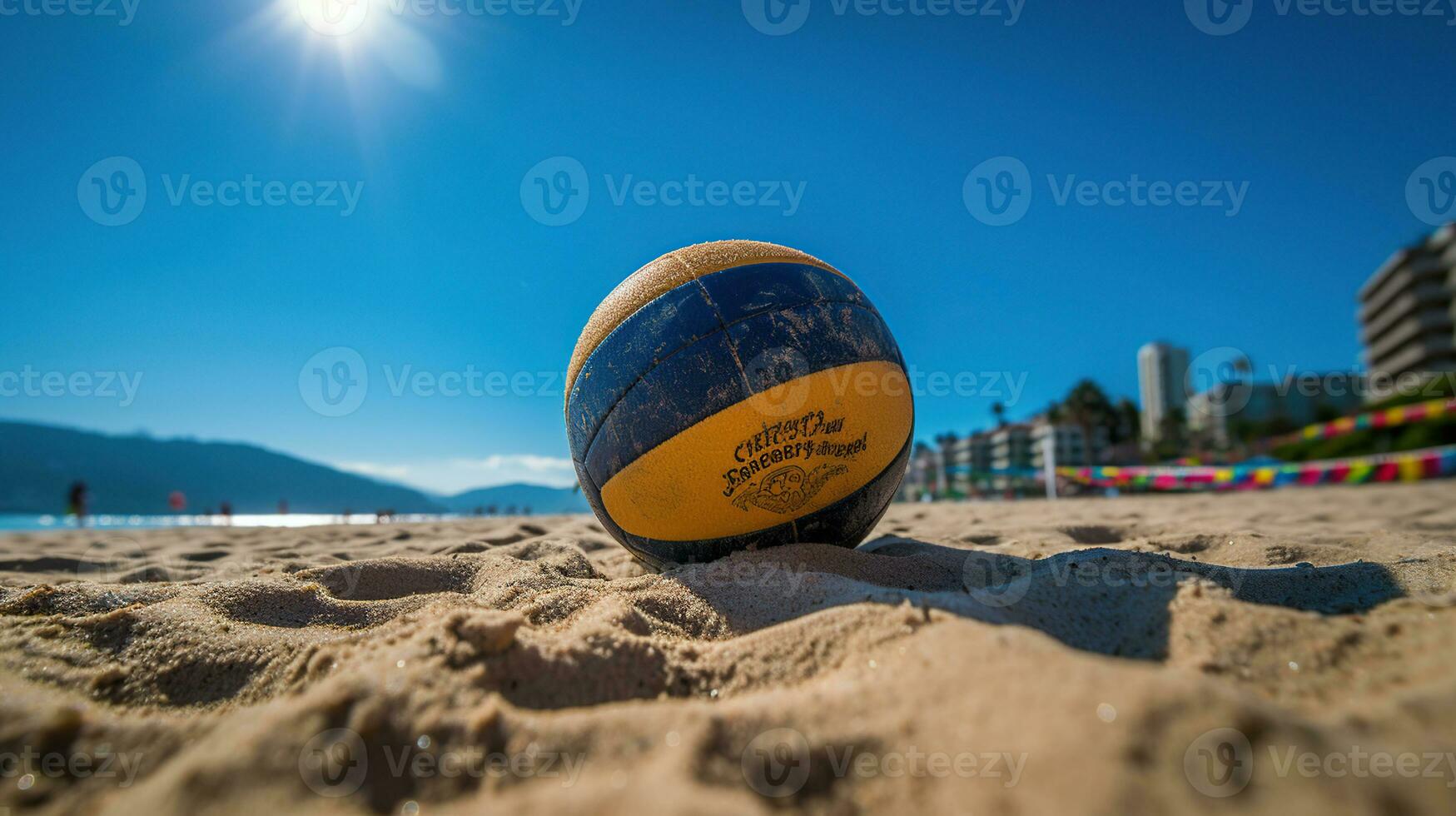 Beach Volleyball. Game ball under sunlight and blue sky, generative ai photo