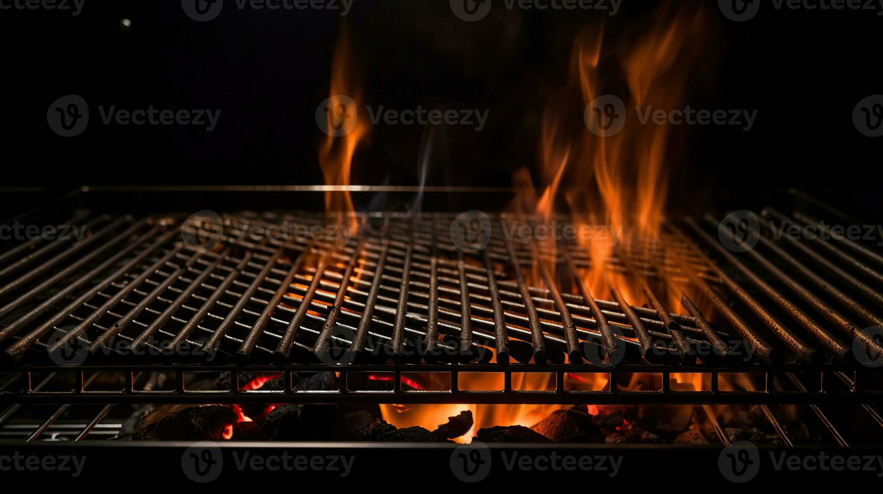 Barbecue Grill With Fire Flames - Empty Fire Grid On Black Background, , generative ai photo