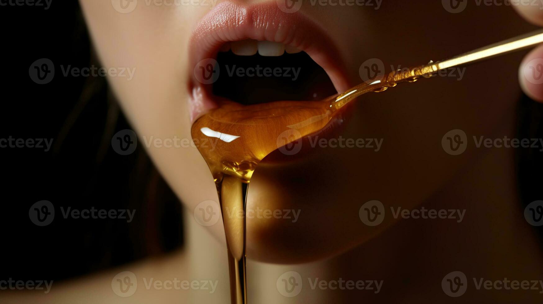 Honey dripping from honey dipper on girl lips. Beauty model woman open mouth, model eating nectar. Healthy food concept, diet, dessert, generative ai photo