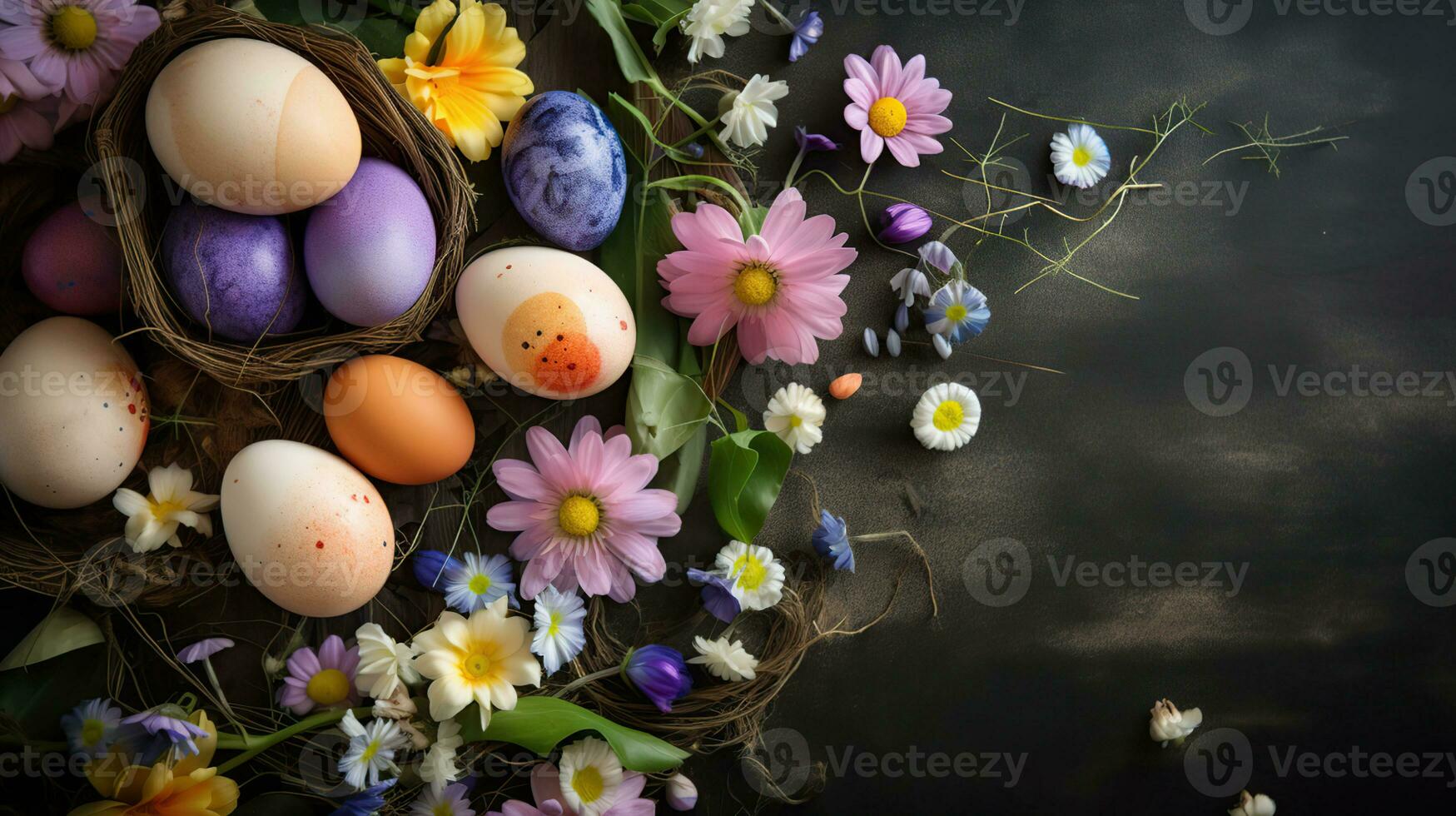 Easter background with Easter eggs and spring flowers. Top view with copy space, generative ai photo