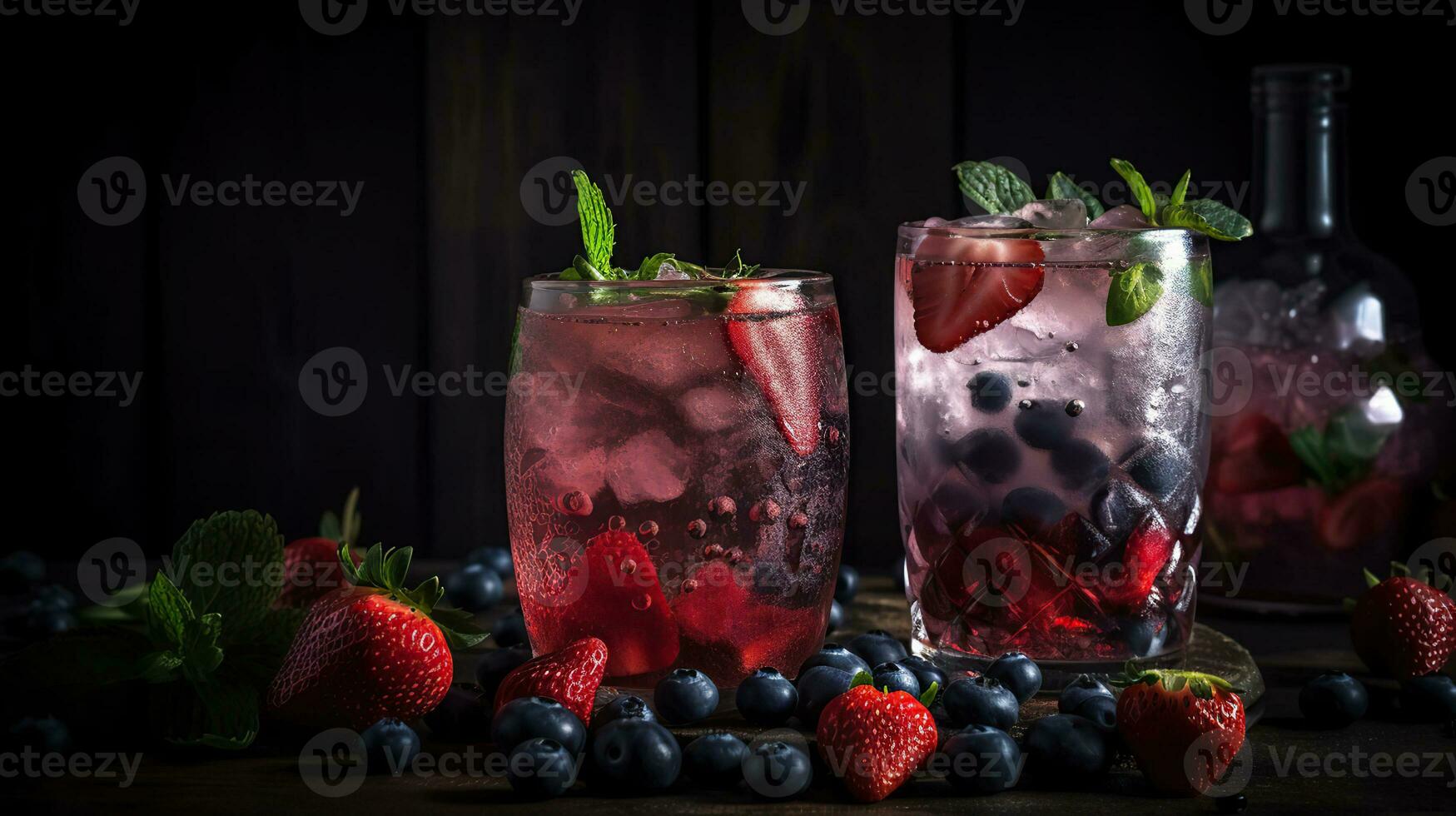 Berry drink with crushed ice and thyme. Strawberry and blueberry lemonade. Summer refreshing drink. Generativ Ai photo
