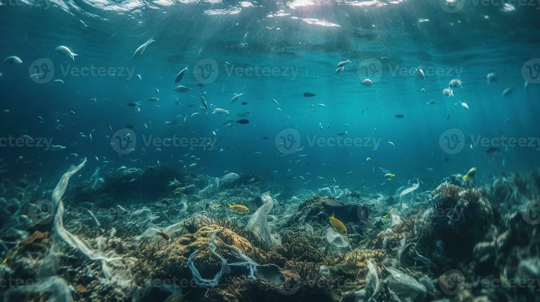 Bottle Plastic Pollution In Ocean - Underwater Shine With garbage Floating, generative ai photo