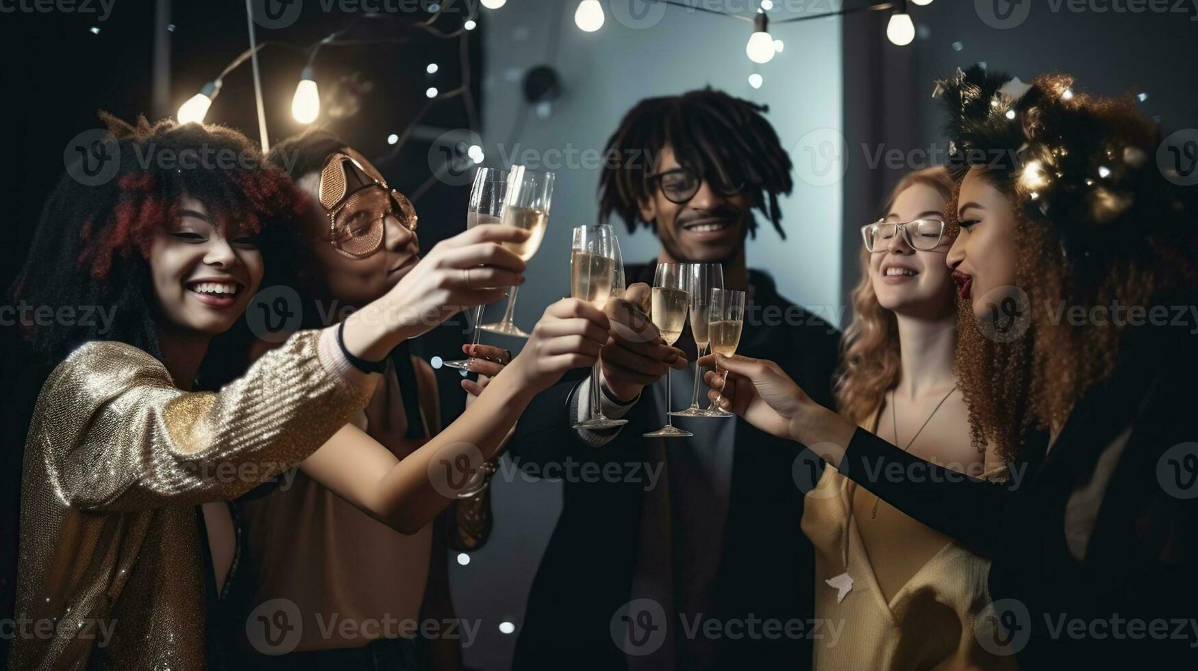 Navidad fiesta tiempo. joven personas tostado con champán flautas multiétnico amigos felicitando cada otro con nuevo año. celebracion y la vida nocturna concepto, día festivo, generativo ai foto