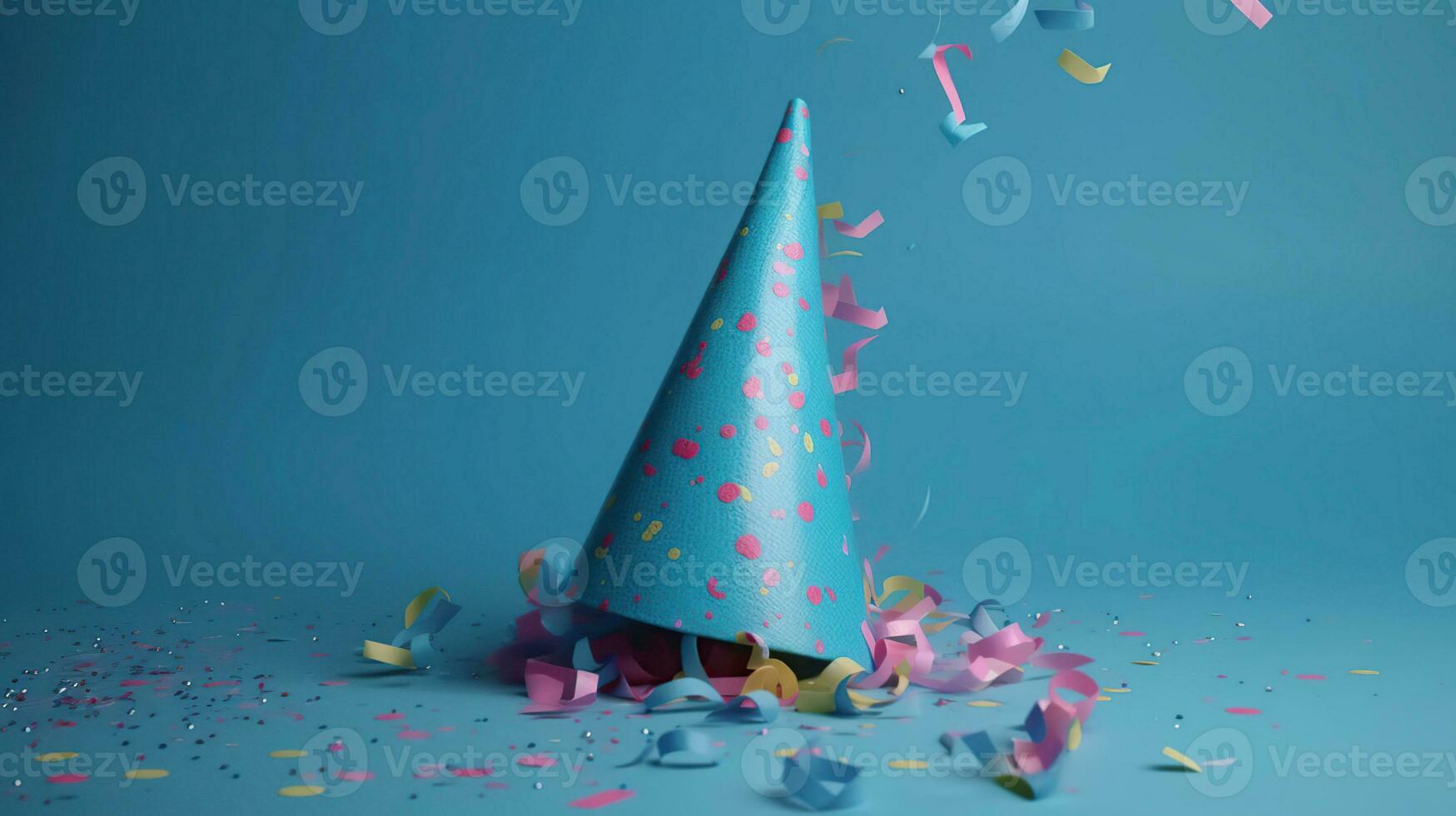 Colored confetti and party hat on blue background, generative ai photo