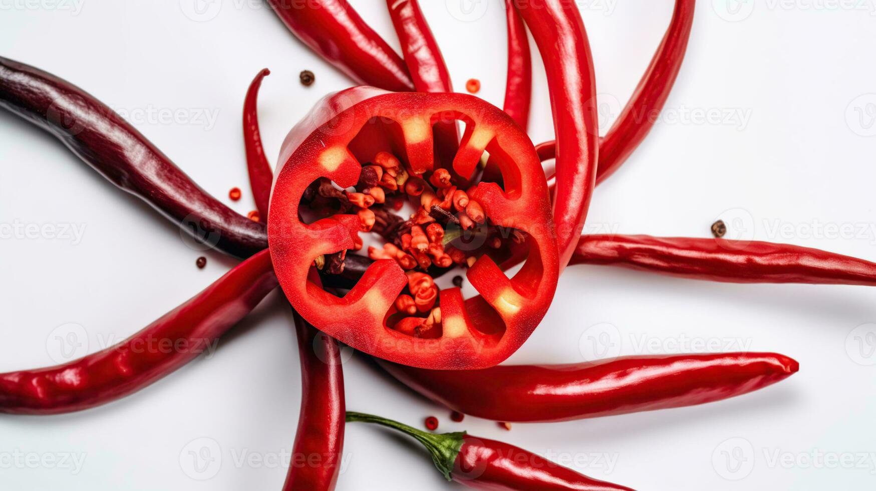 de cerca parte superior ver rojo chile pimienta con rebanado en blanco fondo, crudo comida ingrediente concepto, generativo ai foto