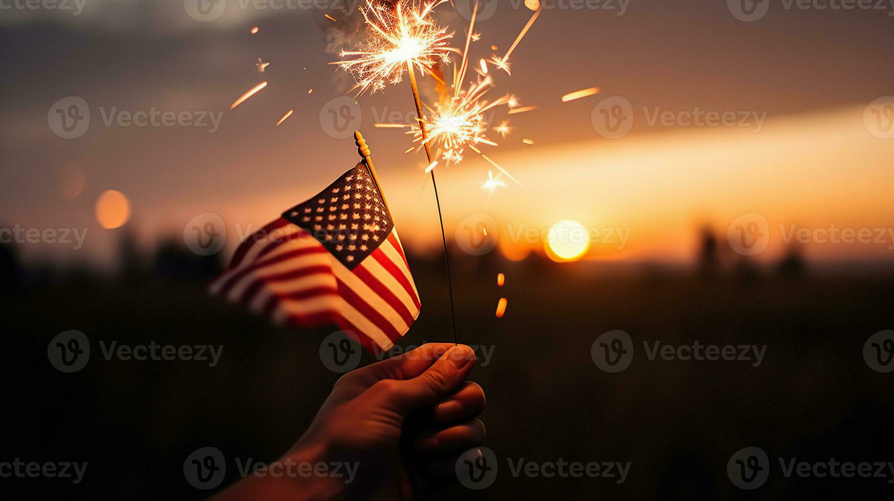 Estados Unidos celebracion con manos participación bengalas y americano bandera a puesta de sol con fuegos artificiales, generativo ai foto