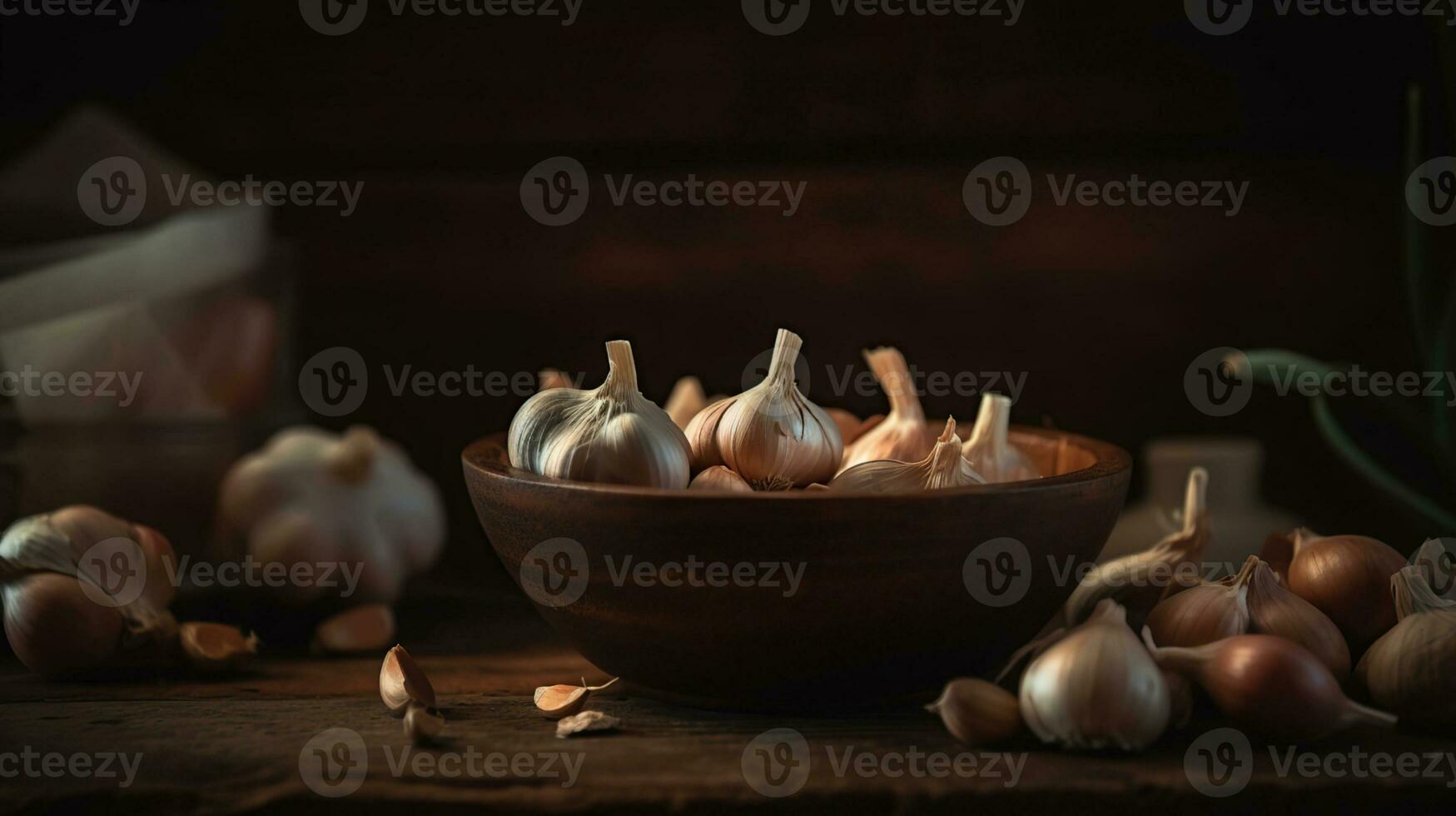 Garlic Cloves and Bulb in vintage wooden bowl, generative ai photo