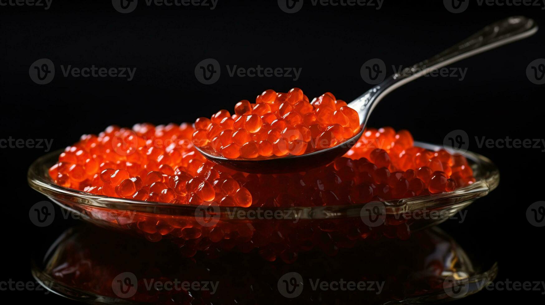 Red Caviar in a spoon. Caviar in bowl over black background. Close-up salmon caviar. Delicatessen. Gourmet food, isolated on black, generative ai photo