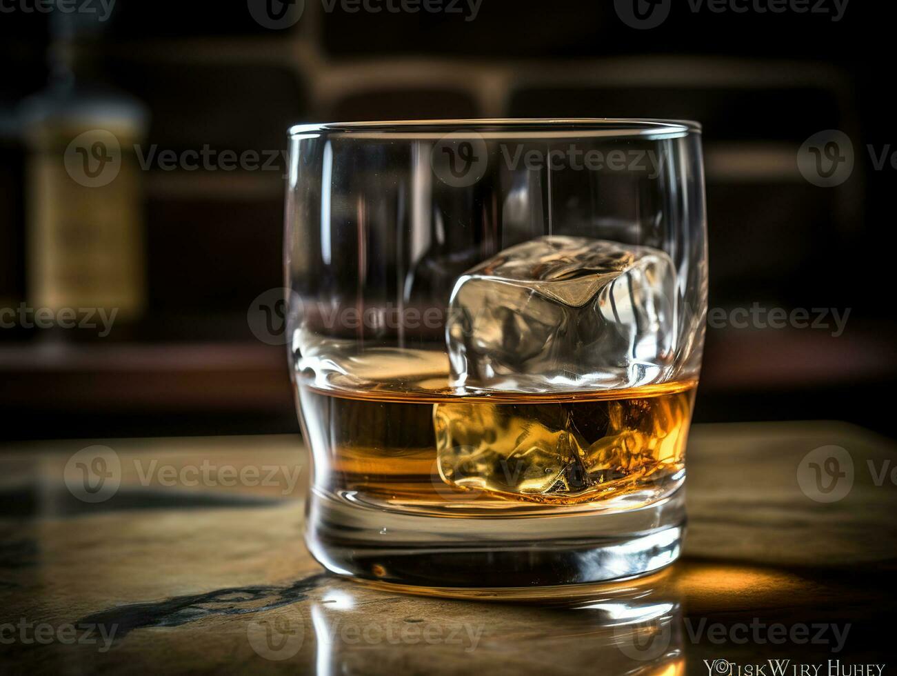 Glass of whiskey with ice cubes on the rock table, generative ai photo