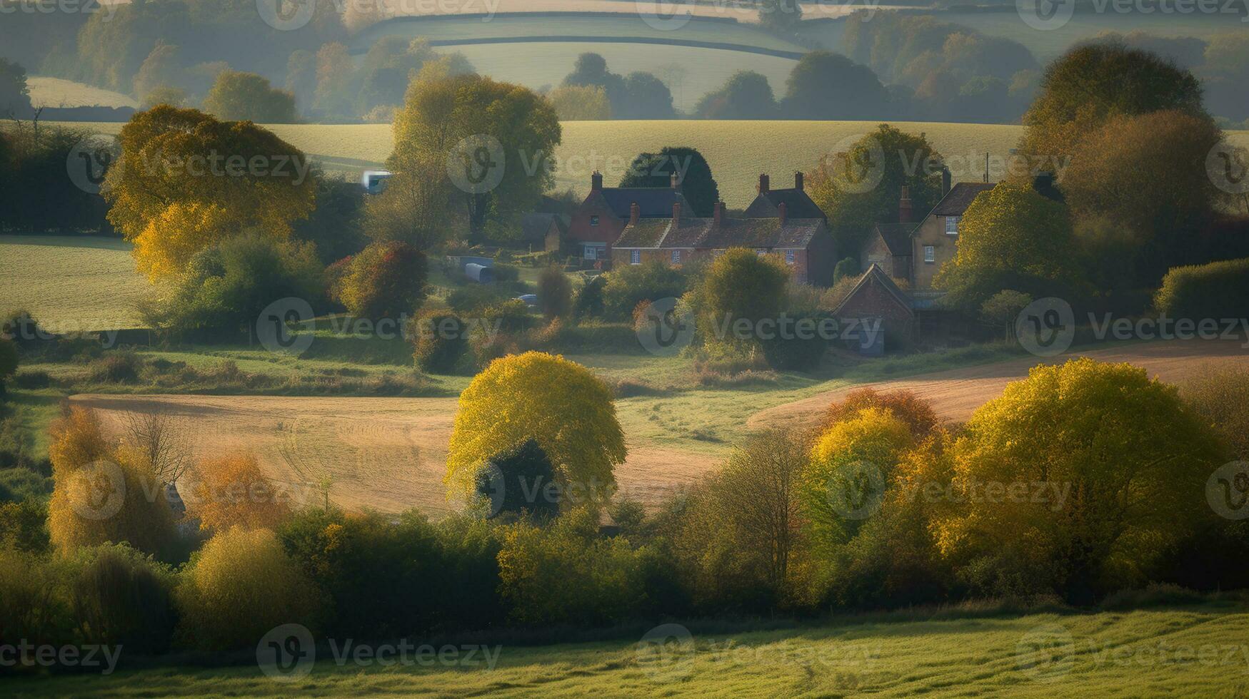 Beautiful view of rural housing surrounded by countryside in early autumn, generative ai photo