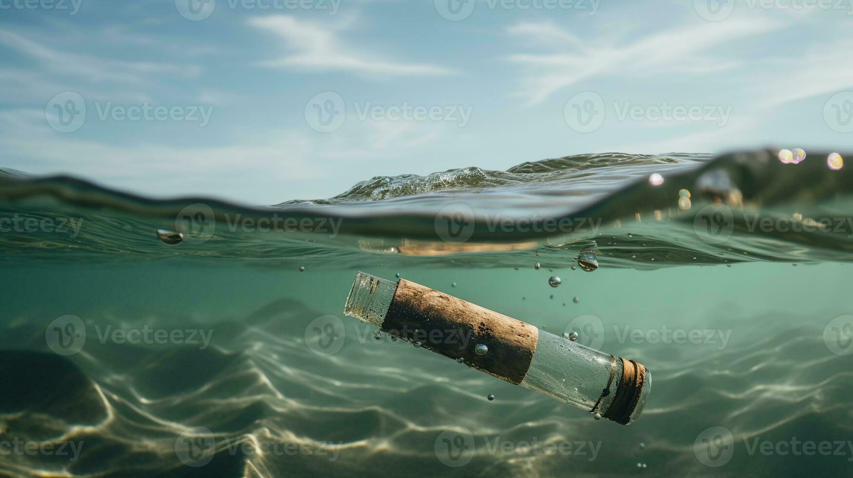 Message In Bottle floating In The Ocean, generative ai photo