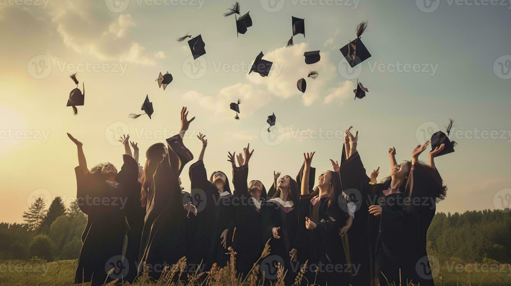 Graduates throwing their caps into the air. Generative AI photo