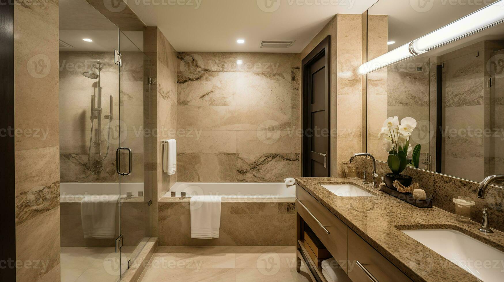 Interior of a luxury hotel bathroom with beige marble walls. AI Generative photo
