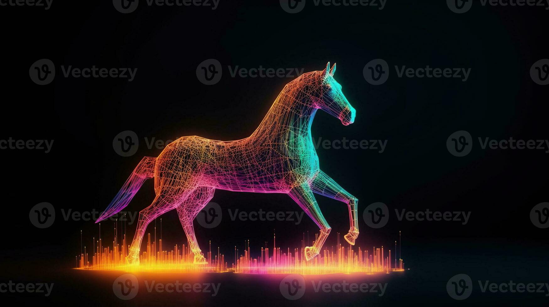 3d model of a colorful Horse in different colors on black background, in the style of made of wire, nature-inspired installations, light white and orange. Generative AI photo