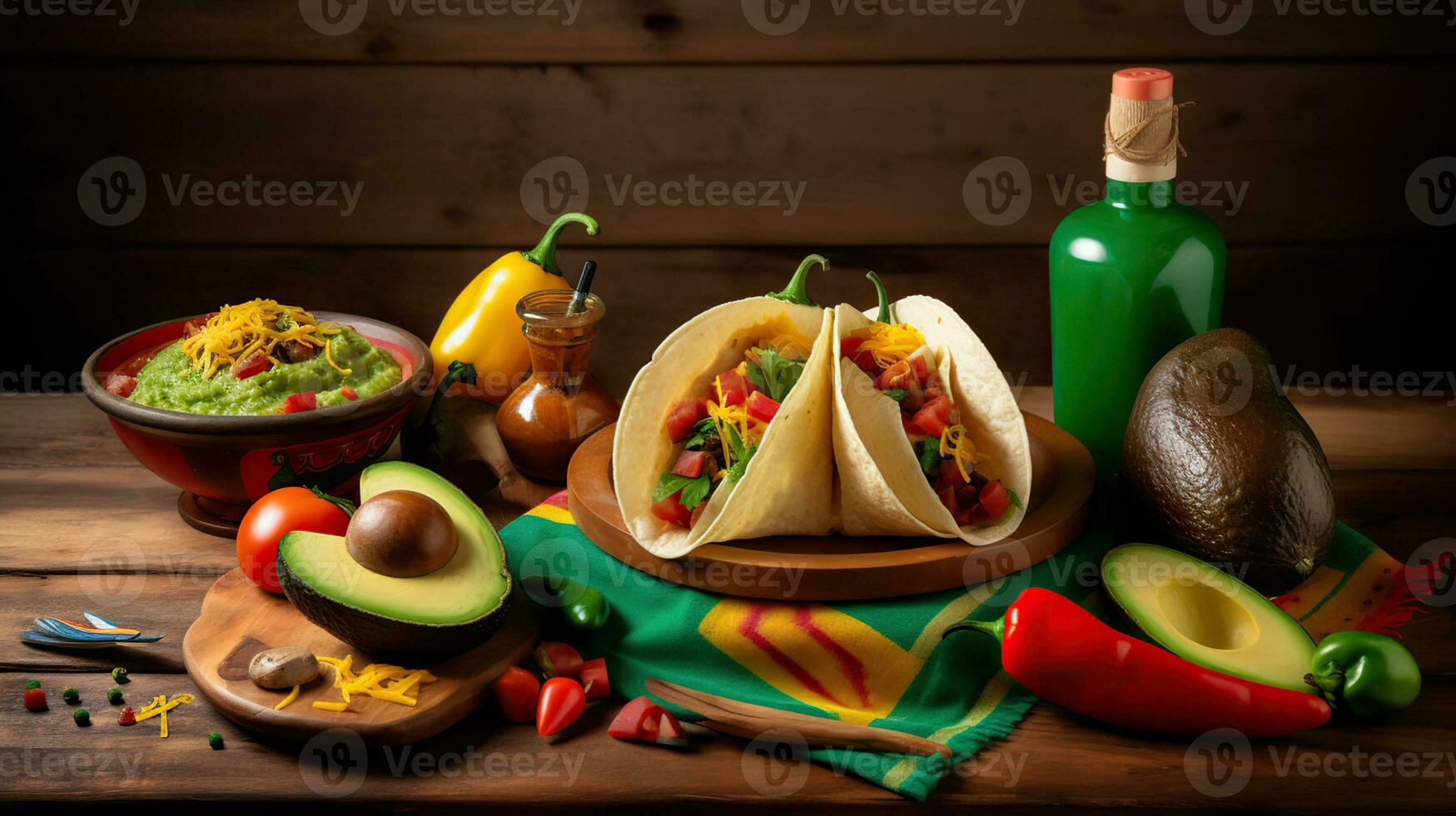 composición con mexicano tradicional alimento, maracas en grunge mesa, ligero fondo,. ai generativo foto