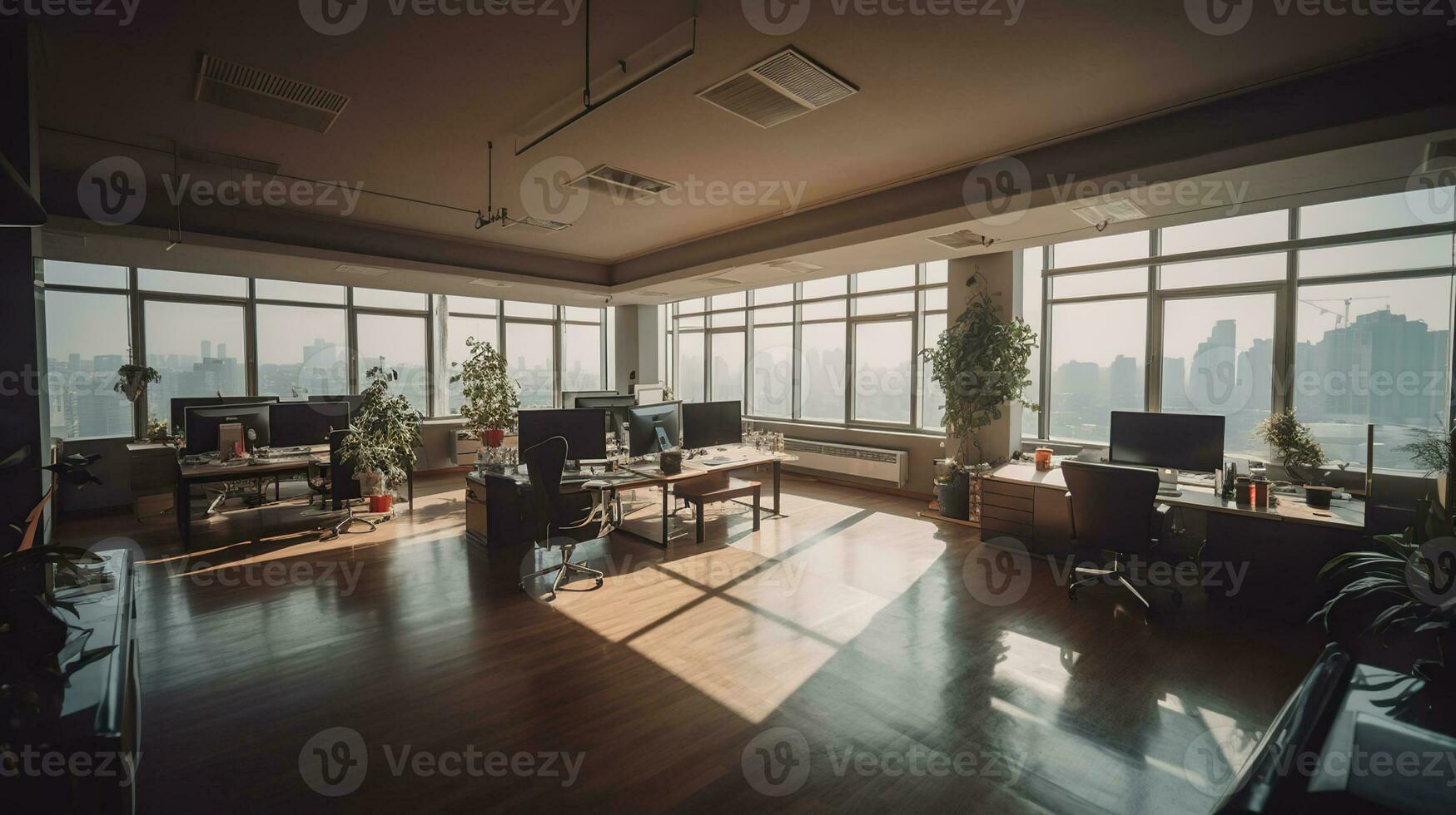 Spacious, well-lit, empty office with comfy interiors. AI Generative photo