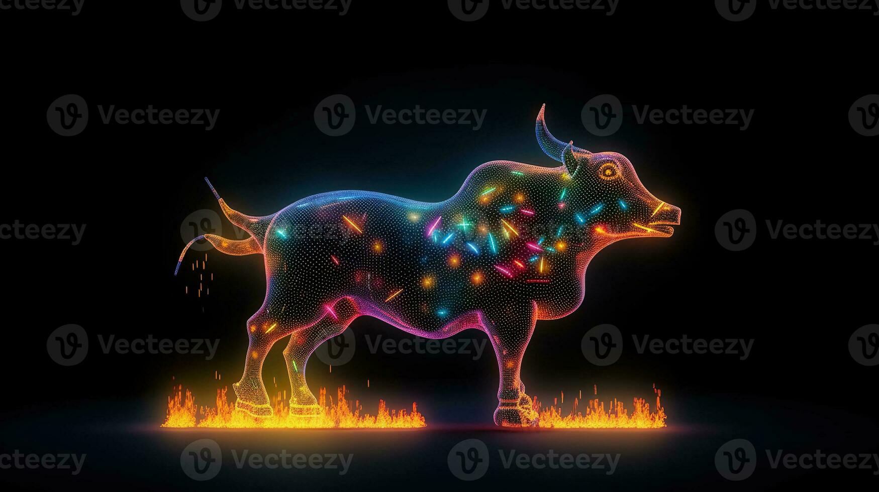 The bull sculpture to use in motion graphics, in the style of made of wire, dark cyan and light amber, explosive wildlife, light white and orange, AI Generative photo