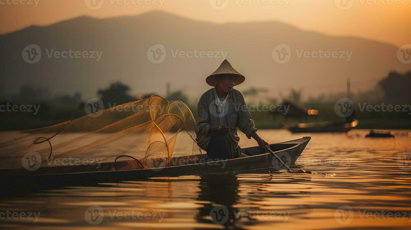 pescador a puesta de sol en lago pescar aldea. ai generativo foto