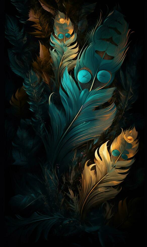 The feathers in the artwork is colorful and colorful, in the style of dark gold and dark cyan, colorful animations. AI Generative photo