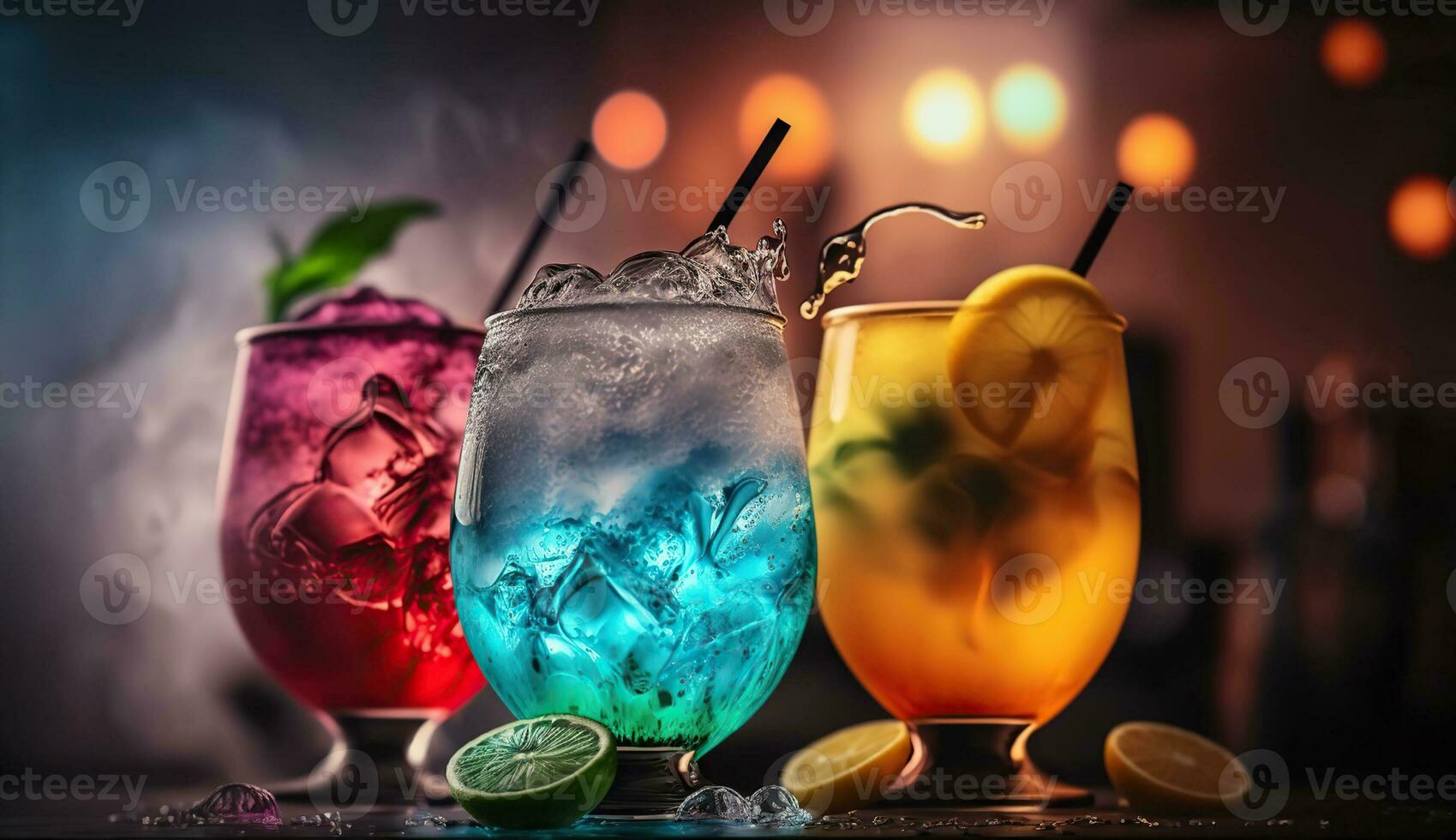 Cocktails drinks on the bar, blured background, hyper-detailed. AI Generative photo