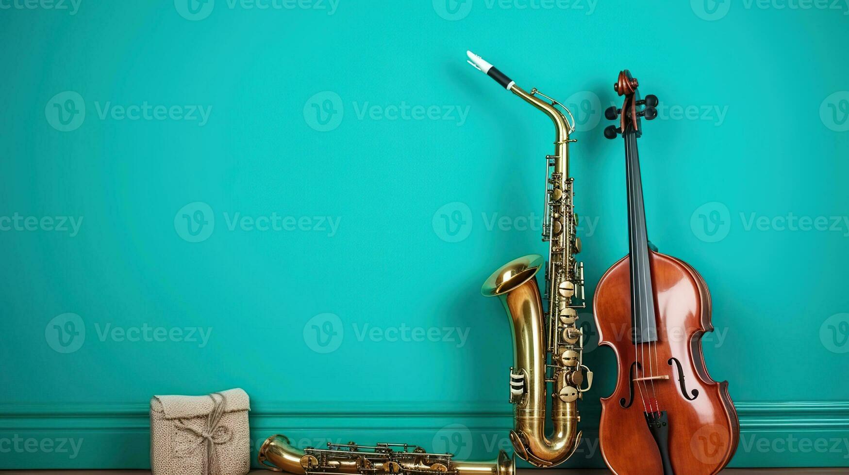 Musical instruments on turquoise wallpaper background, AI Generative photo