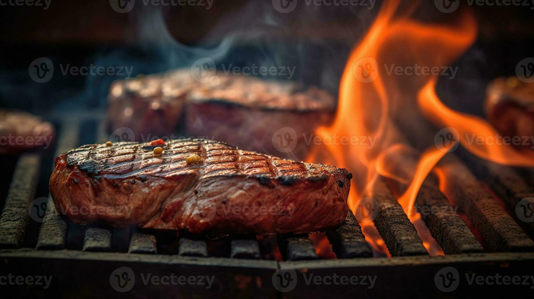 Beef steaks on the grill with flames, AI Generative photo