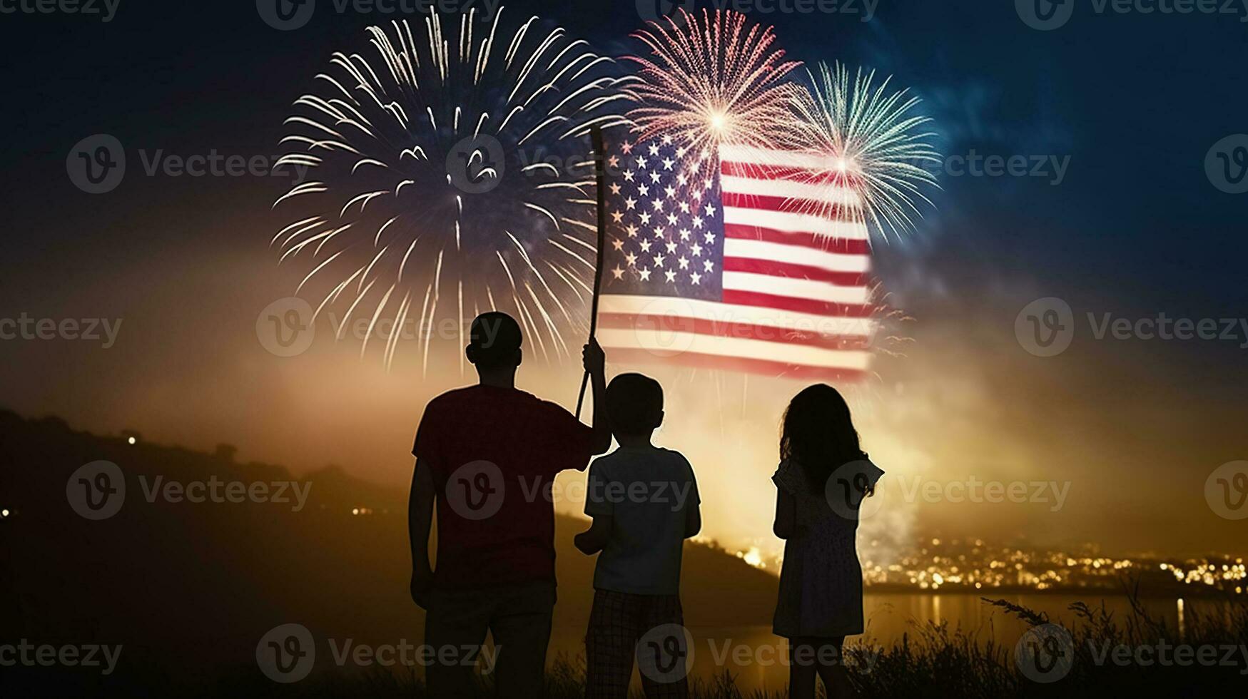 fiesta celebracion. familia con americano bandera y fuegos artificiales en cielo. ai generativo foto