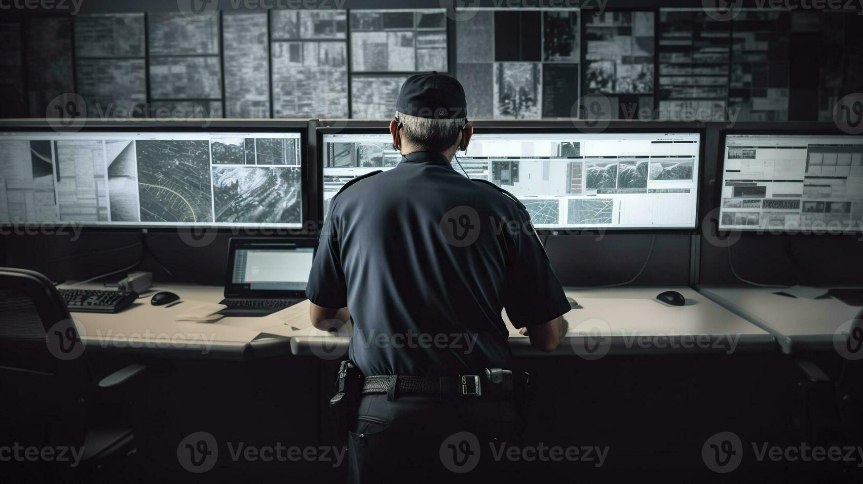 Male security guard working in surveillance room, back view. Generative AI photo