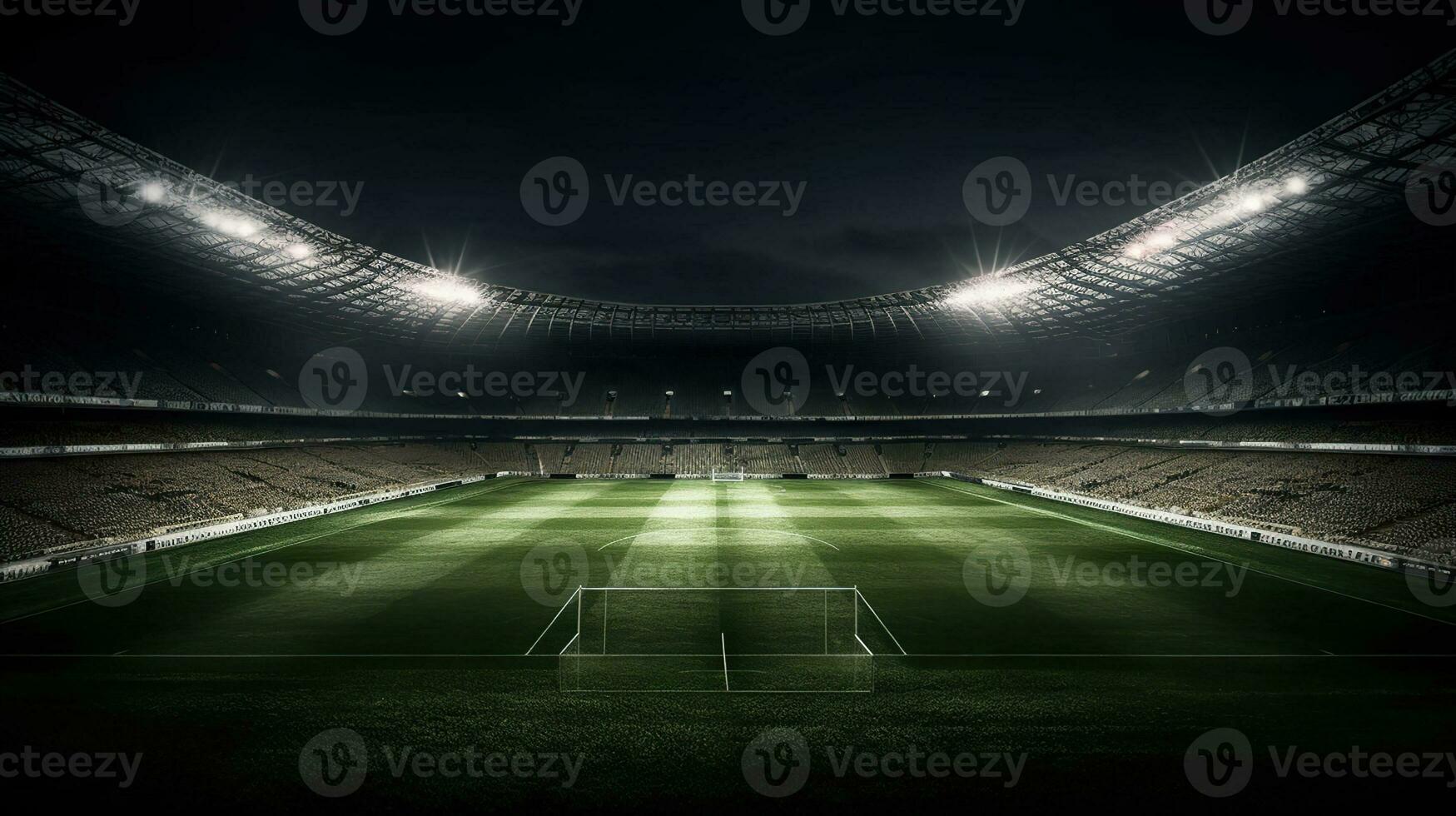 Football stadium with good grass, center position, and good lighting visible from below, AI Generative photo